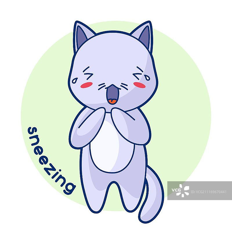 打喷嚏的生病可爱小猫。卡哇伊猫插图。打喷嚏的生病可爱小猫。卡哇伊猫插图。图片素材