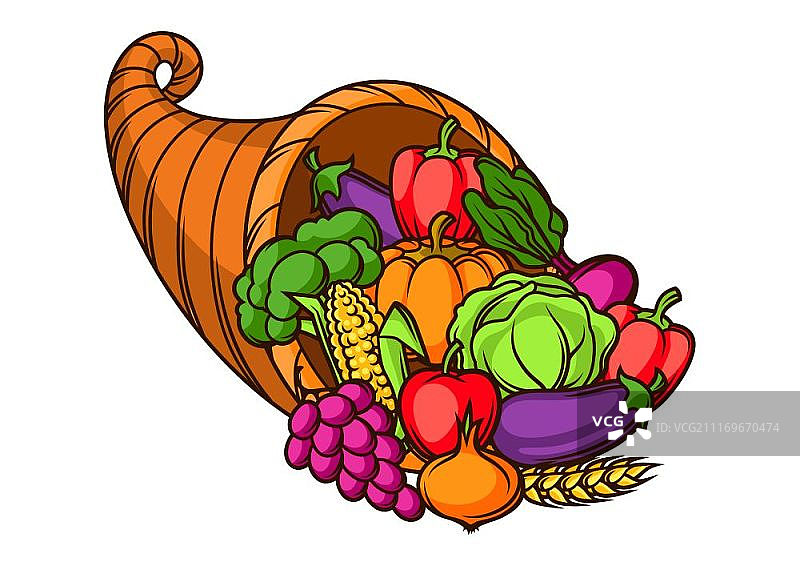 秋季聚宝盆水果蔬菜丰收插画图片素材
