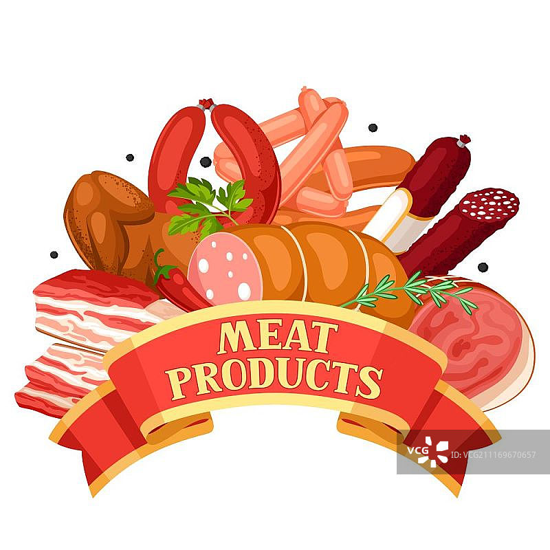 肉制品丝带插画（香肠、培根和火腿）图片素材