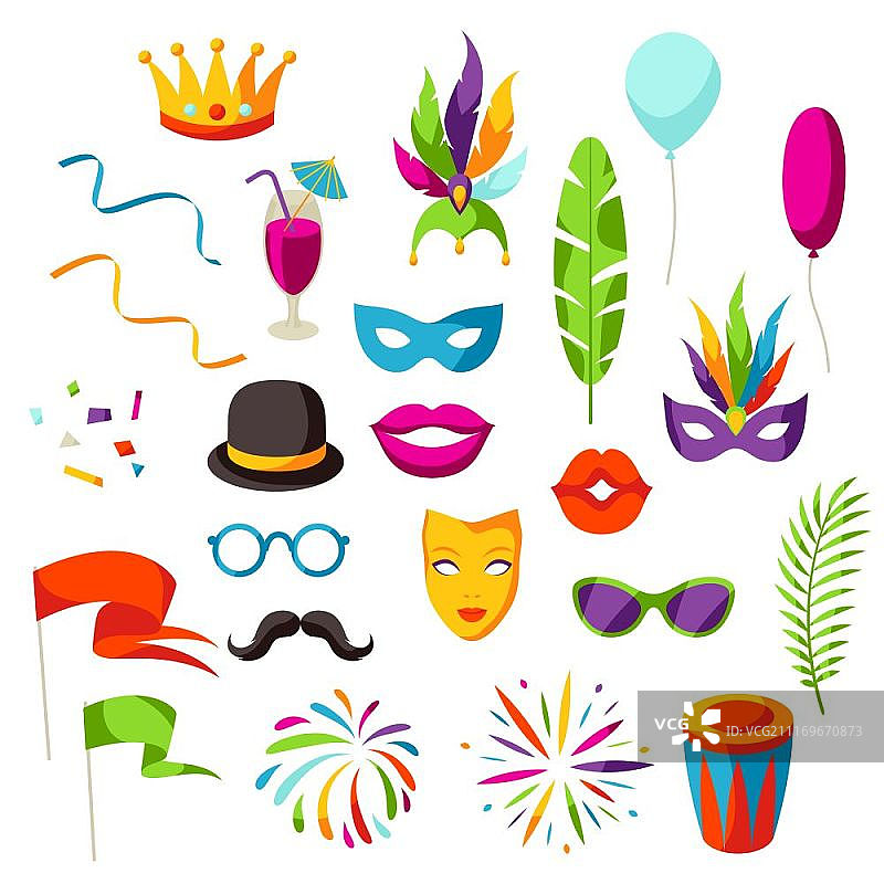 狂欢节派对庆祝图标、物品和装饰图片素材