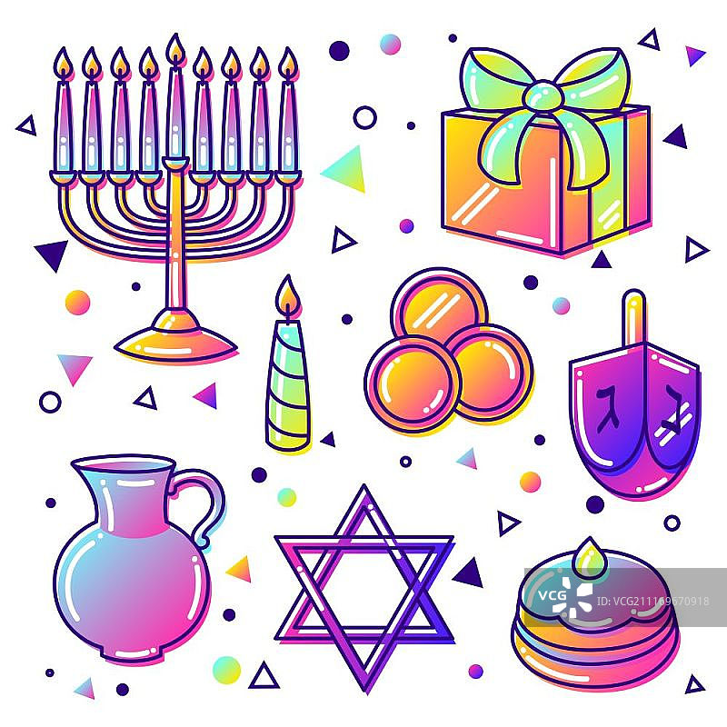 一组光明节庆祝物品和图标图片素材