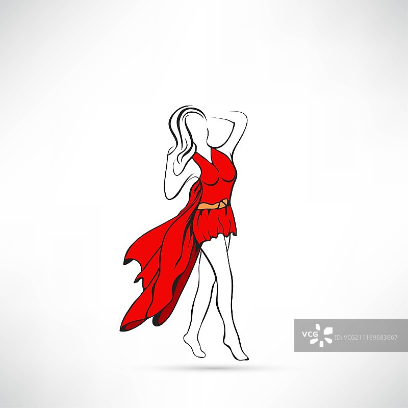 在T台上走秀，展示红色连衣裙的漂亮女模特图片素材