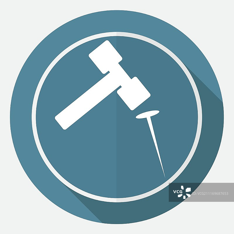 白色圆形锤子和钉子图标与长阴影图片素材