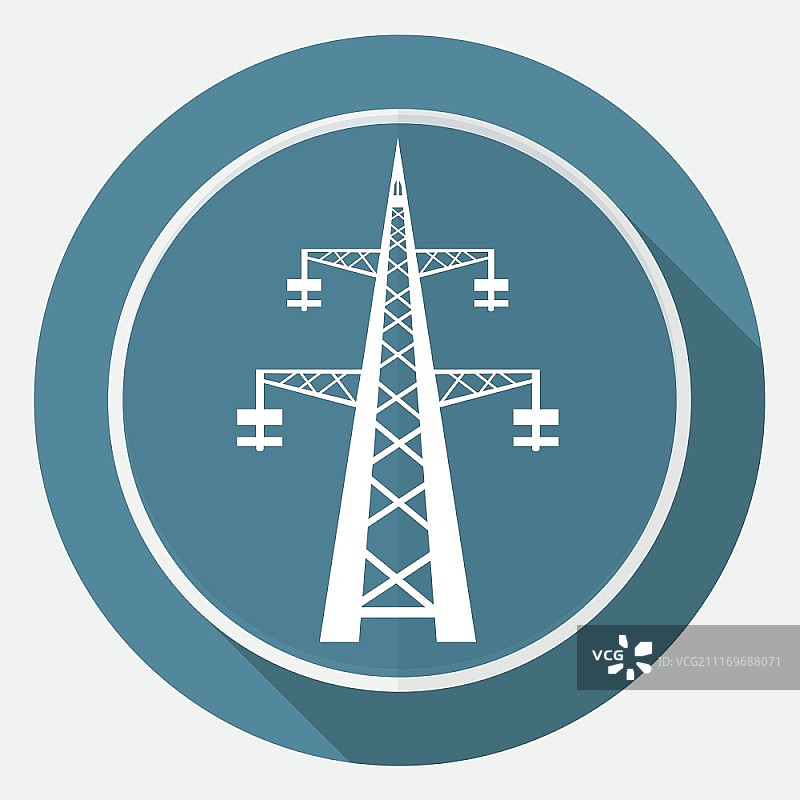 长阴影白色圆形背景上的输电塔图标图片素材