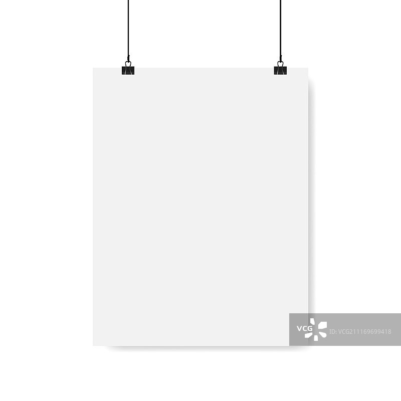 灰色背景墙上的海报样机，带长尾夹固定的矢量图图片素材