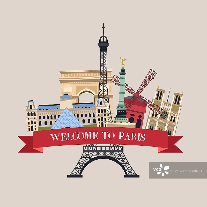 欢迎来到巴黎著名景点矢量插画图片素材