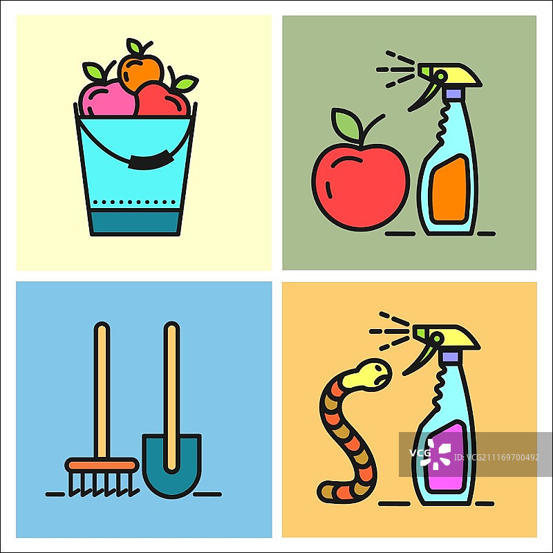 花园、水果、浇水、喷洒园林害虫、花园护理、园艺工具矢量图标图片素材