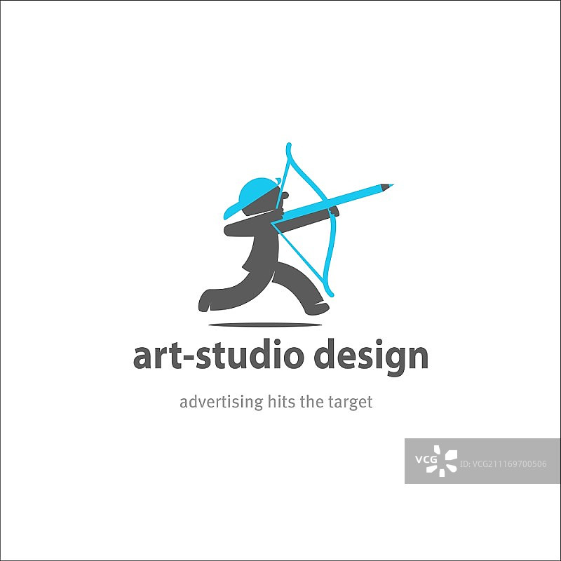 工作室标志设计。拿着铅笔的男人。弓上的箭。广告击中目标。图片素材