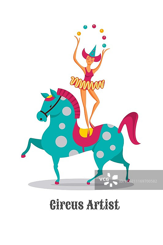 马戏团表演者：马背上的女孩杂耍演员矢量图，隔离在白色背景上图片素材