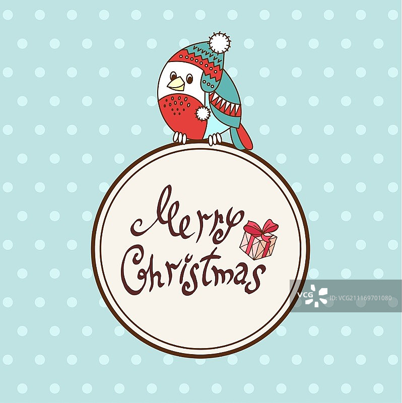 圣诞节矢量贺卡：卡通风戴帽子红腹灰雀和手绘字母图片素材