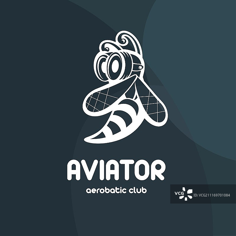 特技飞行俱乐部标志或徽章。戴着飞行头盔和护目镜的蜜蜂飞行员。矢量图。图片素材