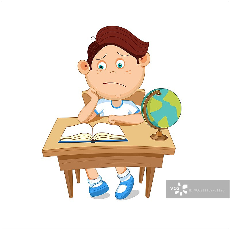 小学生在桌旁读书矢量插画图片素材