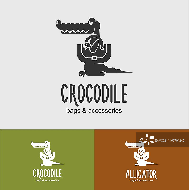 皮革配件店徽标：带包的鳄鱼矢量图。 鳄鱼皮制成的皮包、配件图片素材