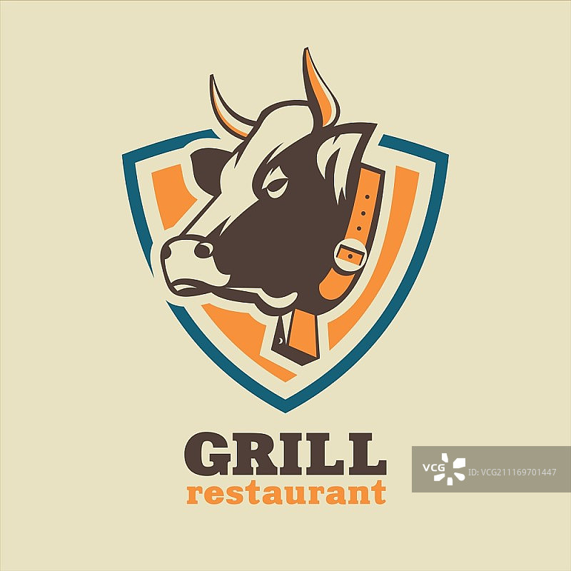 餐厅烧烤牛肉菜肴，鲜肉牛排与牛图案矢量标志图片素材