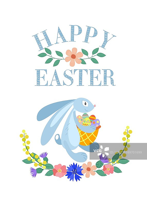 复活节贺卡：复活节快乐！复活节兔子与篮子和彩蛋，带有春花的矢量图，独立于白色背景图片素材