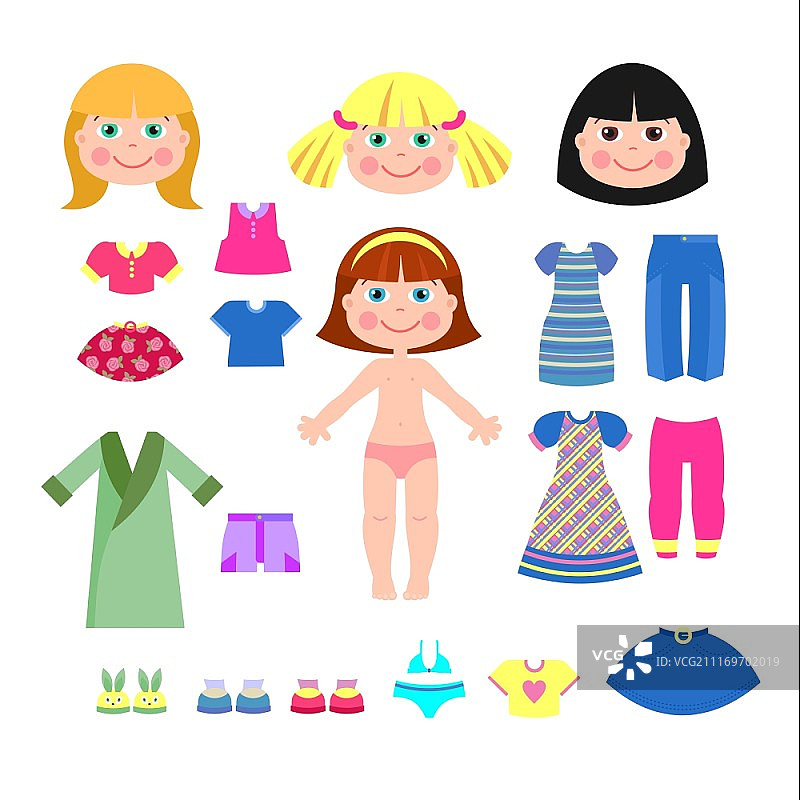 一套纸娃娃女孩的衣服，不同的发型、衣服和鞋子图片素材