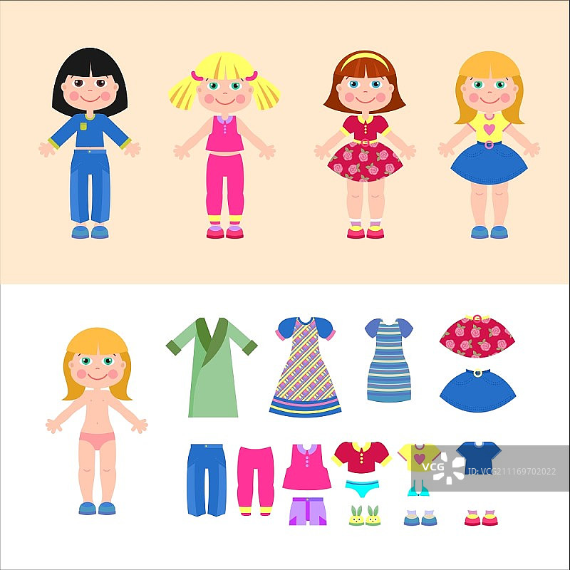 纸质女孩娃娃和服装套装图片素材