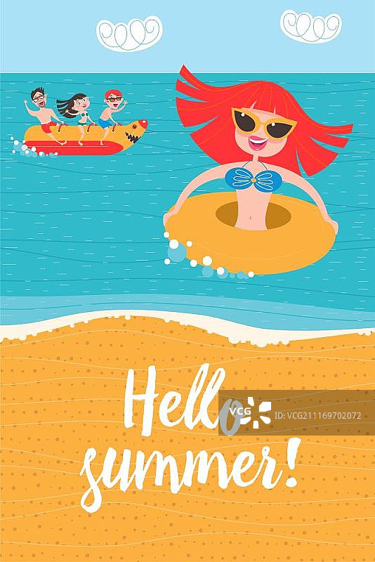 你好，夏天！海滩活动，香蕉船，充气游泳圈图片素材
