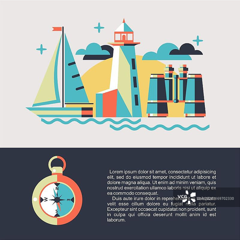 航海主题矢量插画：帆船、双筒望远镜、灯塔和指南针图片素材