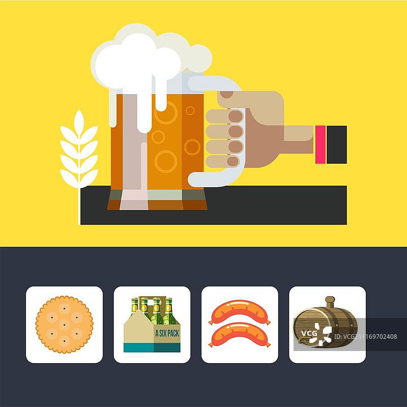 手持一杯啤酒。最好的啤酒。宣传啤酒的彩色海报。矢量图标。香肠，啤酒包装瓶，饼干，啤酒桶图片素材