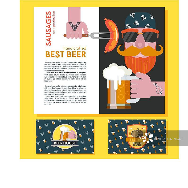 戴着头巾和太阳镜的络腮胡男人，手上有啤酒杯纹身，叉子上烤香肠，可用于设计企业名片、啤酒吧logo图片素材