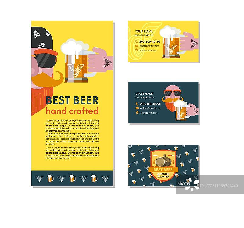 戴头巾和太阳镜的胡须男人，手拿啤酒杯，有纹身，酒吧logo名片和宣传单设计图片素材