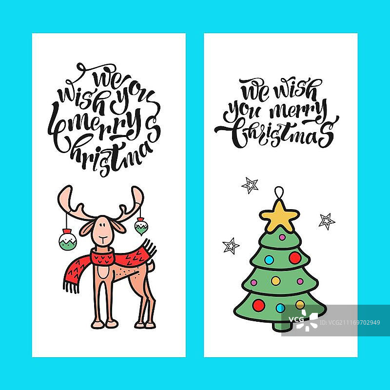 手绘圣诞贺卡套装：新年快乐！圣诞快乐！图片素材