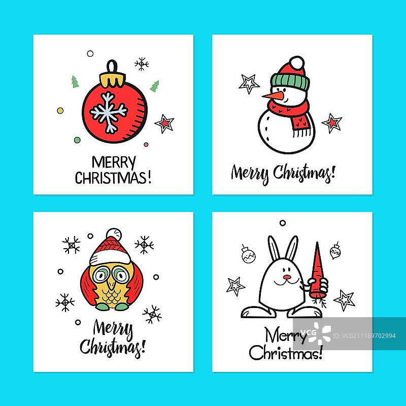 手绘圣诞贺卡套装：新年快乐！圣诞快乐！图片素材