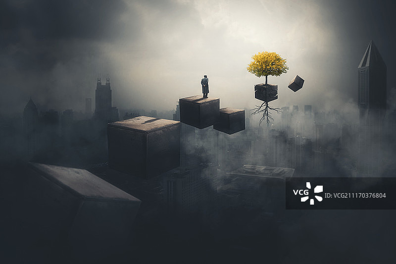 老人浮在城市上空图片素材