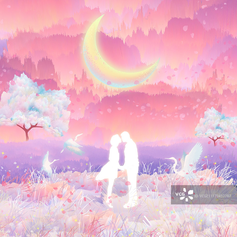 情人节樱花雪下的牛郎织女恋人图片素材