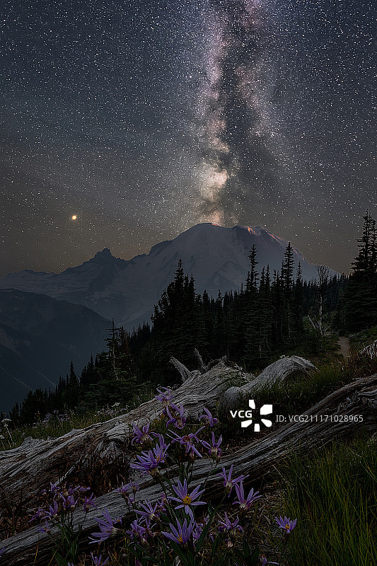 雷尼尔山上空的银河图片素材