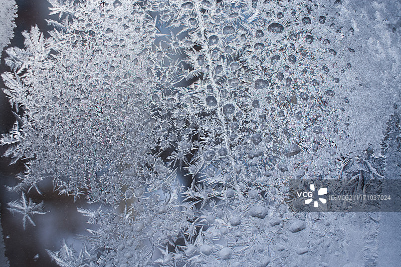 冬季窗户上冰冻水滴形成的霜状图案特写图片素材