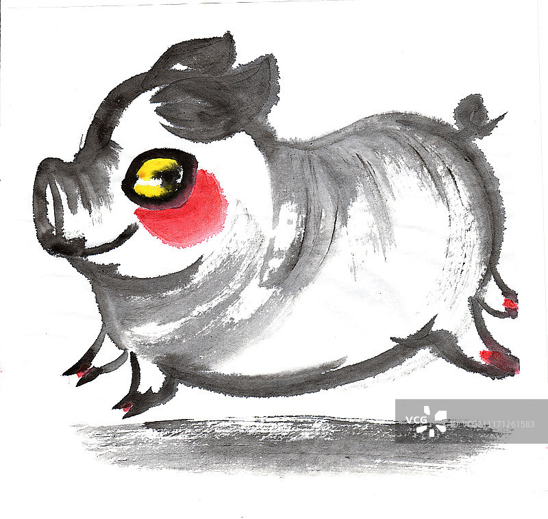 中国画水墨动物系列第一季共1000幅-奔跑的水墨猪图片素材