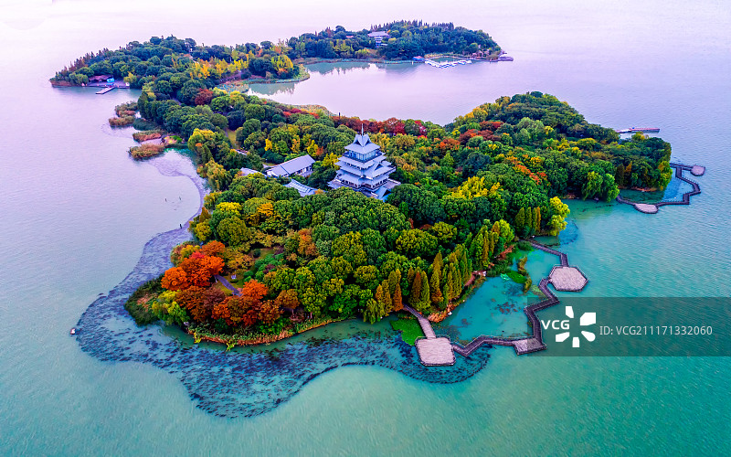 苏州金鸡湖桃花岛航拍图片素材