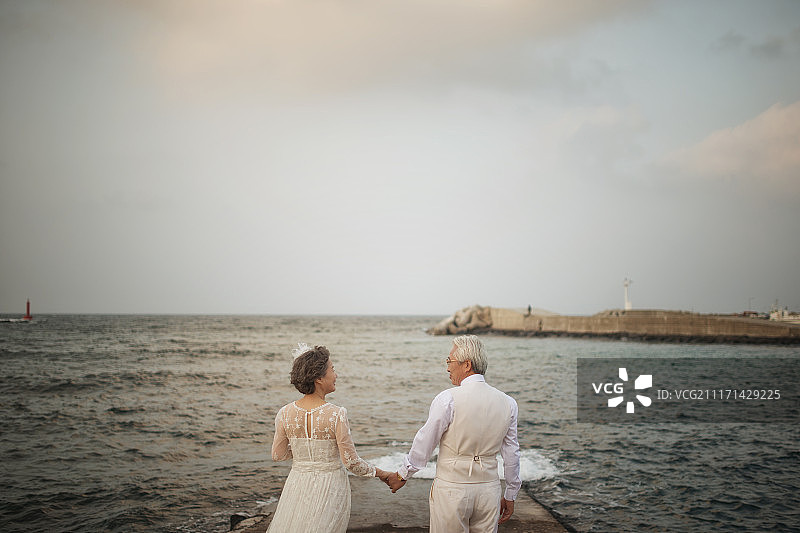 老年夫妇穿婚纱在海滩上手牵手站立摄影图片素材