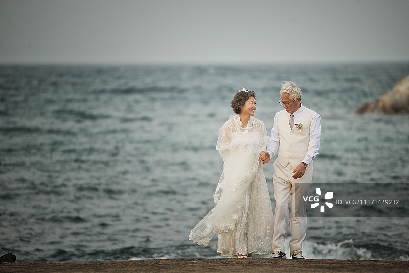 老年夫妇在海滩上牵手行走的婚纱照图片素材