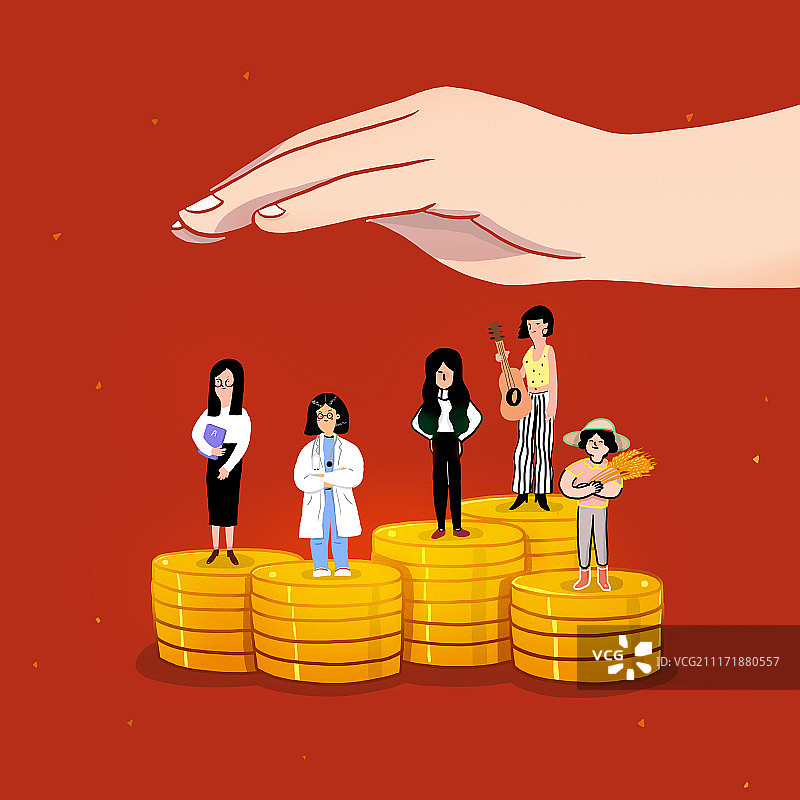不同职业的人群站在钱币上图片素材