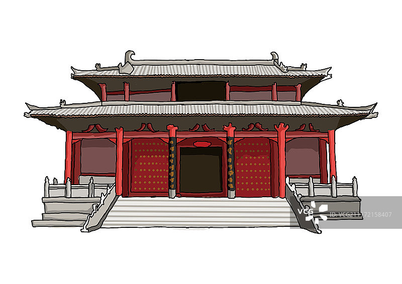 插画老建筑传统景点房屋庭院门楼图片素材