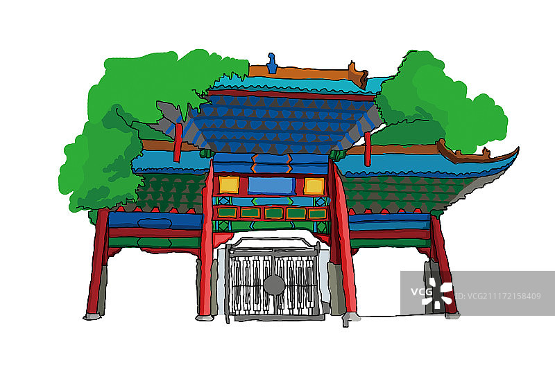 插画老建筑传统景点房屋庭院门楼图片素材