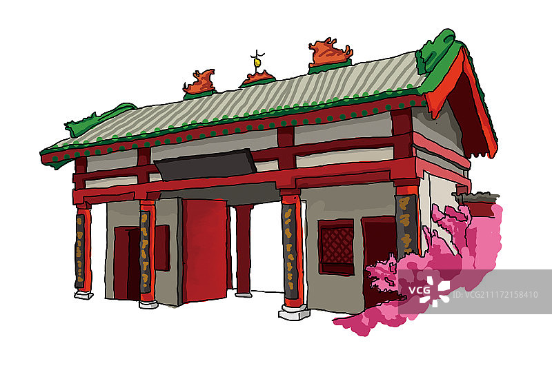 插画老建筑传统景点房屋庭院门楼图片素材