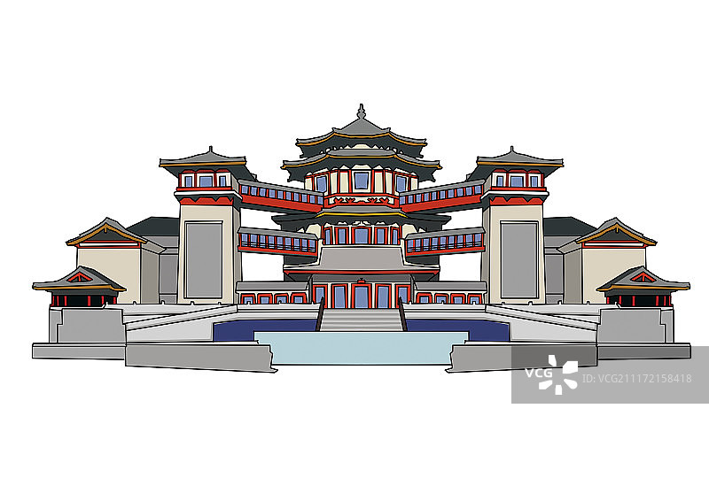 插画老建筑传统景点房屋庭院门楼图片素材