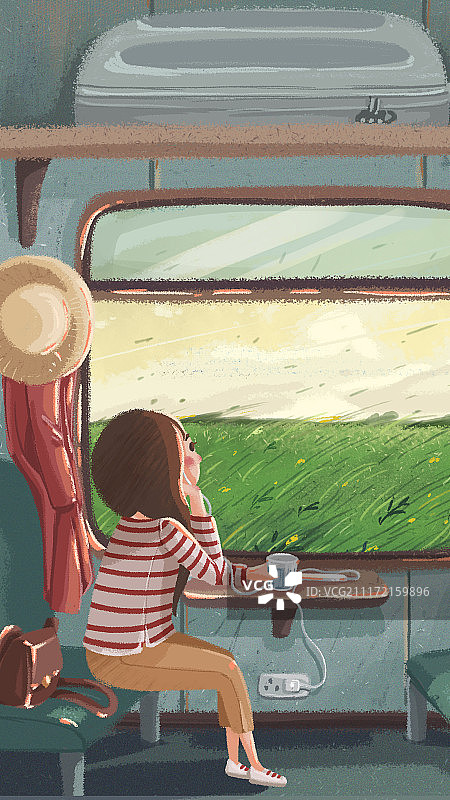女孩乘坐火车观看风景图片素材