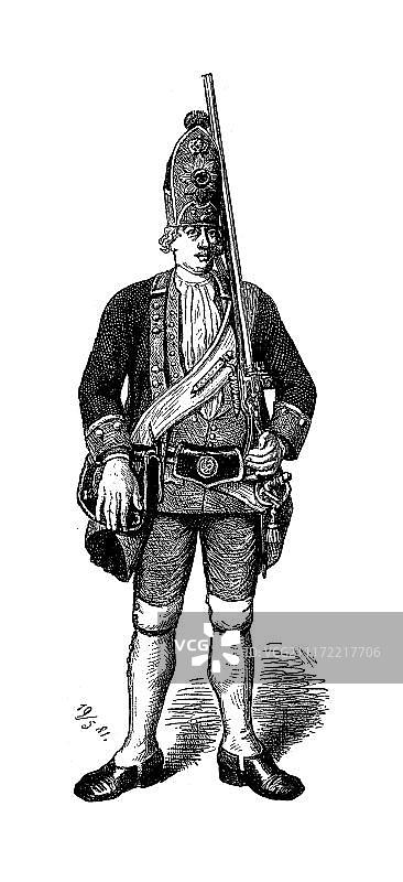 约翰·克里斯托夫·默克绘制，1718年，腓特烈·威廉一世卫队中的挪威掷弹兵亨里奇松，木刻版画图片素材