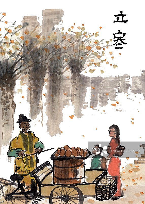 手绘水墨插画二十四节气之立冬图片素材