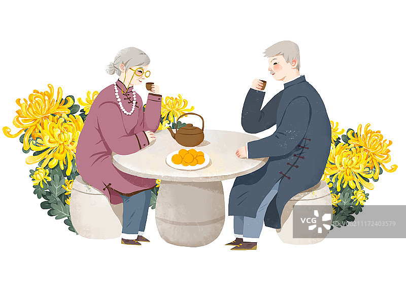 赏菊喝茶图片素材