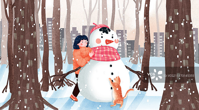 猫与女孩生活二十四节气之小寒图片素材