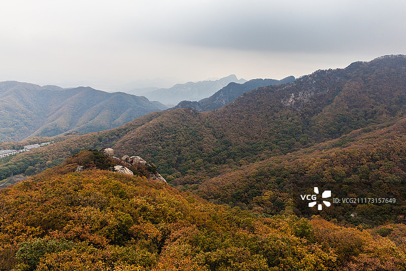 中国辽宁丹东凤凰山秋季五彩森林红叶悬崖峭壁风光图片素材