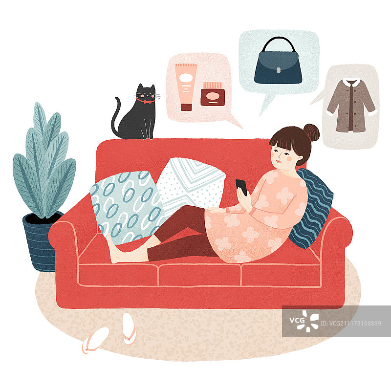 女孩手机网购插画图片素材