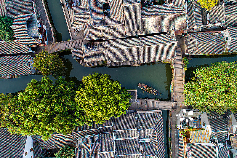 江南水乡周庄航拍 双桥图片素材