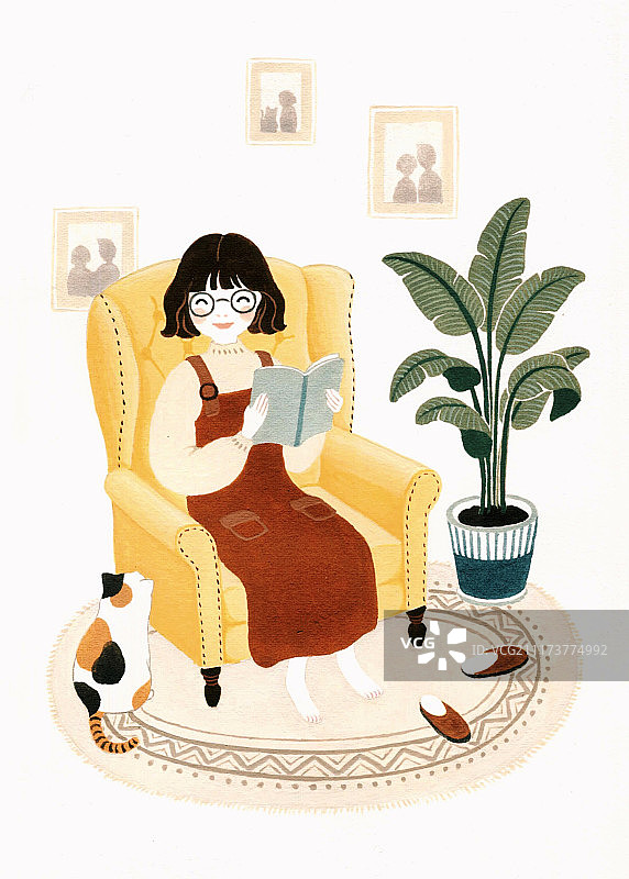 看书的女孩手绘插画图片素材